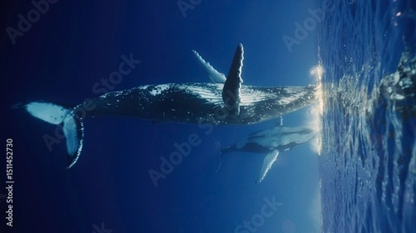 Obraz Fantastic closeup humpback whale gently dancing in blue water close to surface, light shimmering. Underwater shot full body whale. Concept of natural habitat wildlife marine animals of Tonga