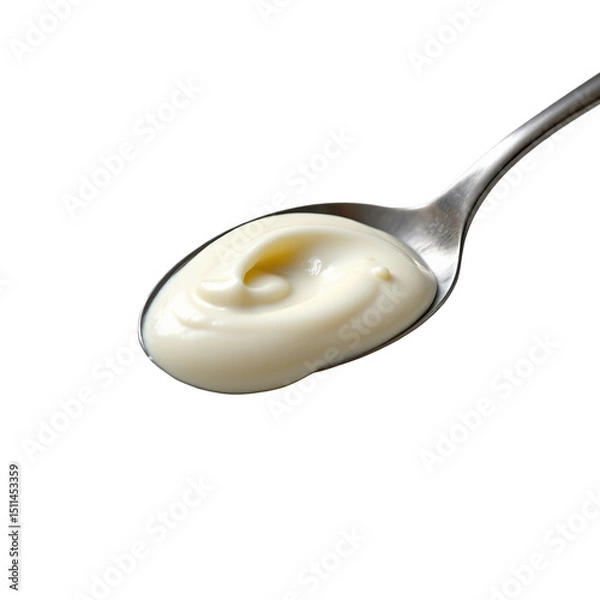Fototapeta Smooth and Creamy White Sauce on Silver Spoon Isolated on White Background for Culinary Uses