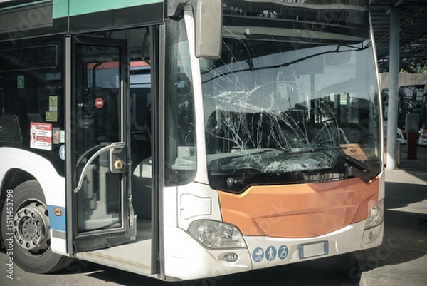 Obraz unbreakable frontal glass damaged by crash in a public transport bus