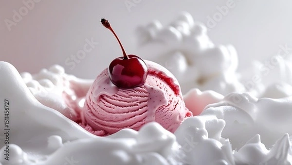 Fototapeta Delicious pink cherry ice cream scoop garnished with fresh red cherry on whipped cream