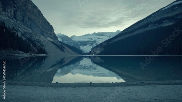 Fototapeta Serene Mountain Lake with Reflection Under Cloudy Horizon