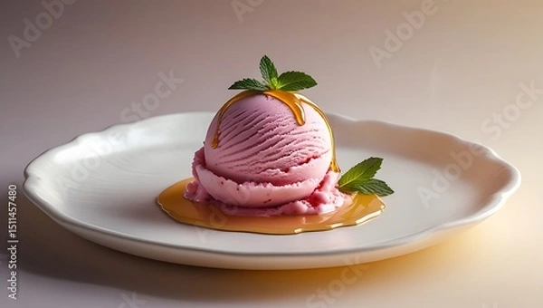 Fototapeta Delicious pink ice cream scoop with syrup and mint leaves on a white plate