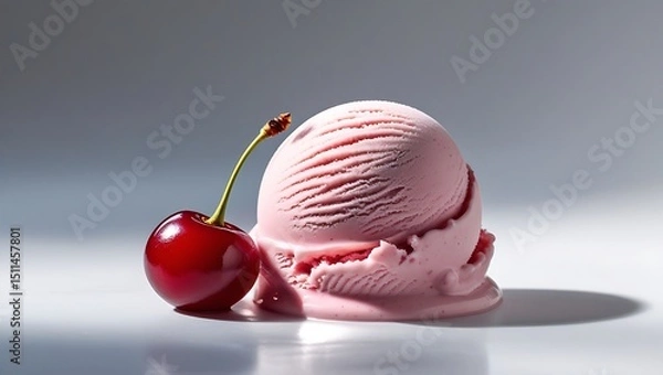 Fototapeta Delicious scoop of pink ice cream with a fresh red cherry on a reflective surface