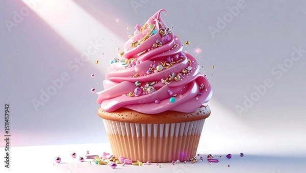 Fototapeta Deliciously decorated pink cupcake topped with colorful sprinkles and decorative elements against a clean background