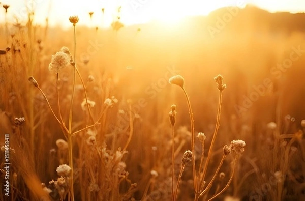 Fototapeta Golden hour sunlight gently illuminates a tranquil meadow filled with dry wildflowers and soft grasses