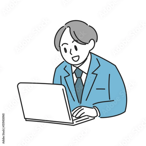 Fototapeta 笑顔の男性がパソコン作業するイラスト