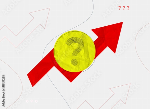 Fototapeta Business graph with red arrow. scribble question mark on yellow rapped paper. Investment growth collage art. Contemporary retro vector illustration.
