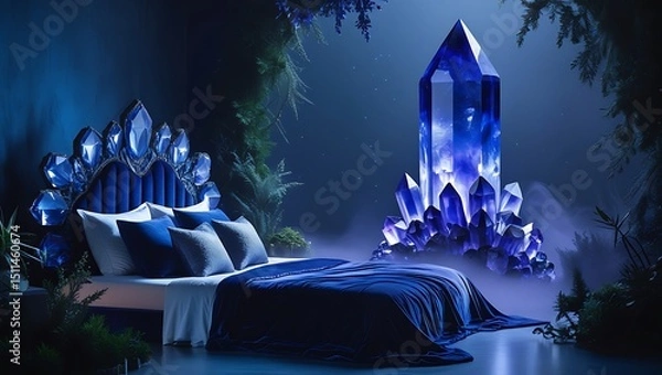 Fototapeta Luxurious bedroom design featuring elegant bed and sparkling crystals with atmospheric lighting