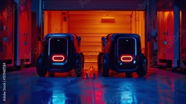 Fototapeta Futuristic Delivery Robots in a Neon-Lit Warehouse Environment