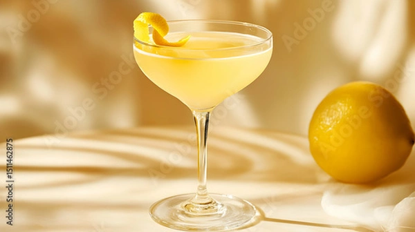 Obraz Elegant citrus-infused cocktail with a lemon twist, presented against a light champagne-toned background