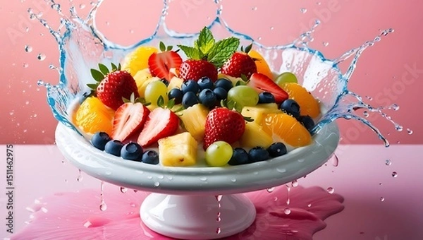 Fototapeta Refreshing fruit salad displaying strawberries blueberries oranges grapes pineapple and water splash