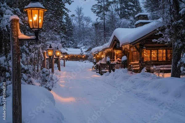 Fototapeta Lanterns glowing along a winding snowy pathway leading to a rustic inn, Generative AI