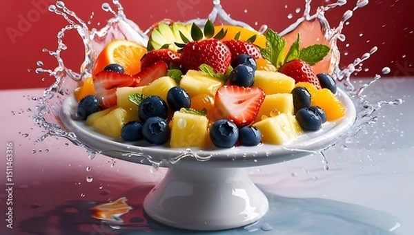 Fototapeta Refreshing fruit salad on a white pedestal dish with a splash of water