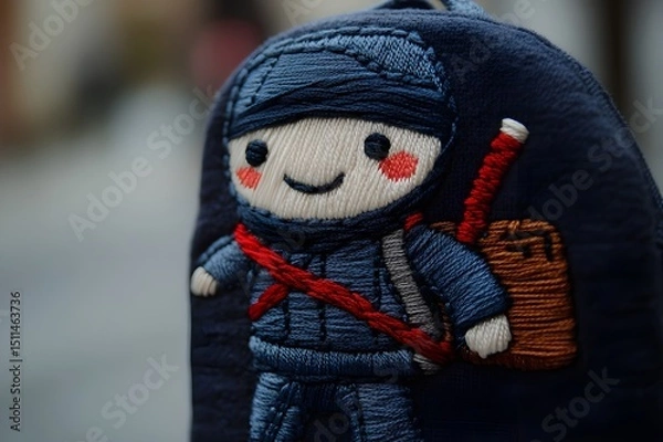 Fototapeta Minimalist embroidery depicting a ninja with a ninja acid face smiling walking with a backpack. , in an oshare kei style 