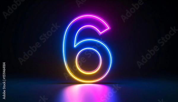 Obraz A glowing, neon number six stands out against a dark background, reflecting light and creating a vibrant, modern aesthetic