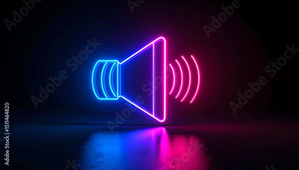 Obraz A vibrant neon speaker icon emits sound waves in a dark setting, blending blue and pink hues for a modern, energetic vibe