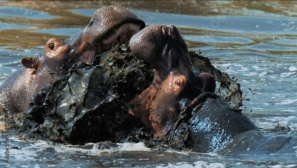 Fototapeta Male hippos open mouth wide jump out of water and fight in Mara river with brown muddy water. Hippopotamus rival contend in swamps ponds. Wild animals in natural habitat. African nature reservation