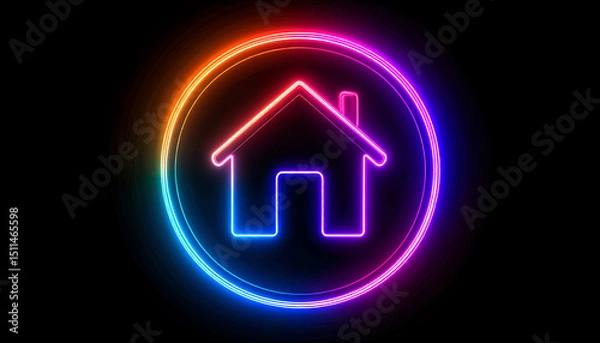 Obraz A colorful neon house icon surrounded by a glowing circle, set against a black background, symbolizing home and comfort