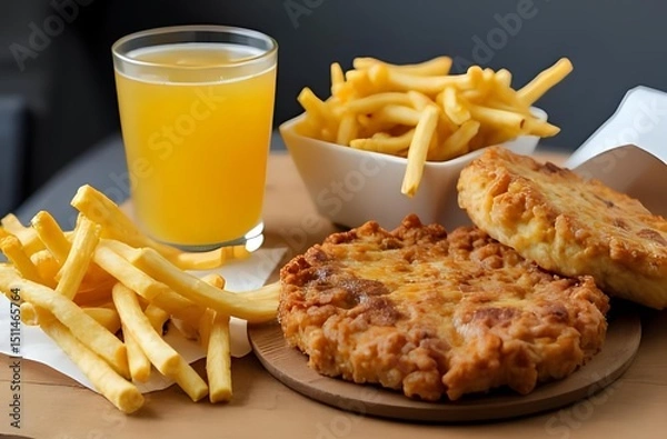 Fototapeta Delicious fast food snacks with refreshing drink served on table in close up perfect for advertising

