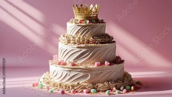 Fototapeta Three tiered elegant birthday cake topped with a golden crown on a pink background