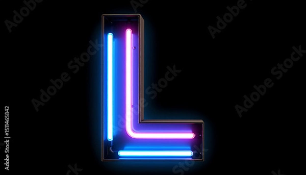 Obraz A vibrant neon letter "L" illuminated with blue and pink lights against a dark background, creating a striking visual contrast