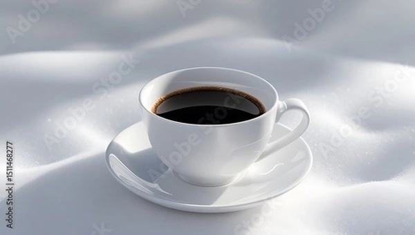 Fototapeta White coffee cup with black coffee on a white surface in soft sunlight