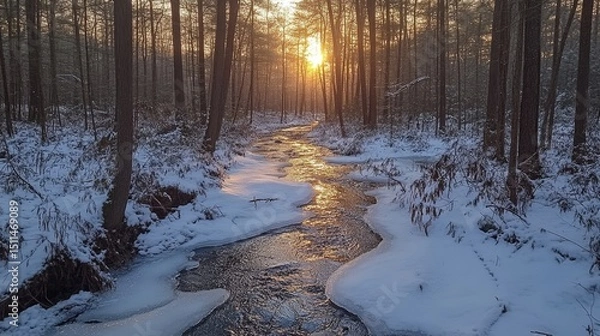 Fototapeta Frozen stream weaving through a dense pine forest glowing in the early morning light, Generative AI