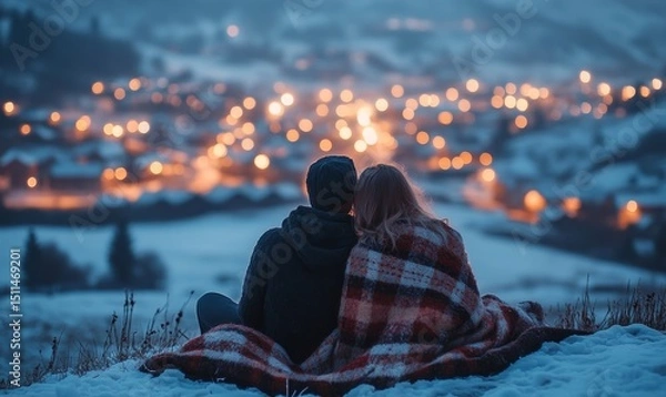 Fototapeta romantic couple sharing a blanket on a snowy hilltop overlooking a glowing village, Generative AI