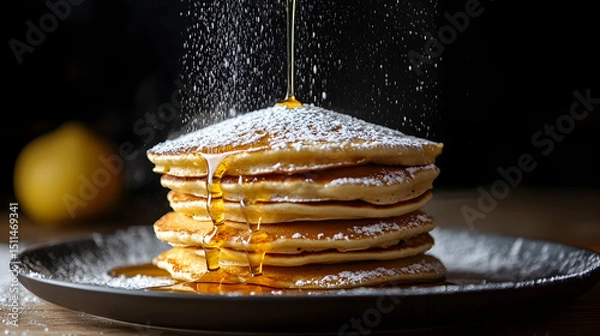 Obraz Fluffy pancakes stacked high, drizzled with syrup, and dusted with powdered sugar