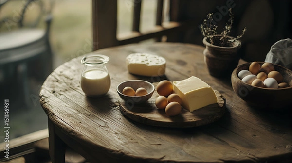 Obraz Fresh dairy products and eggs on a rustic wooden table for a wholesome breakfast