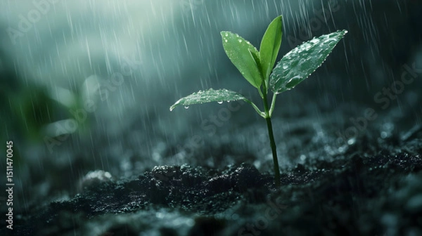 Obraz Fresh green seedling sprouting in gentle rain, symbolizing nature, growth, and renewal