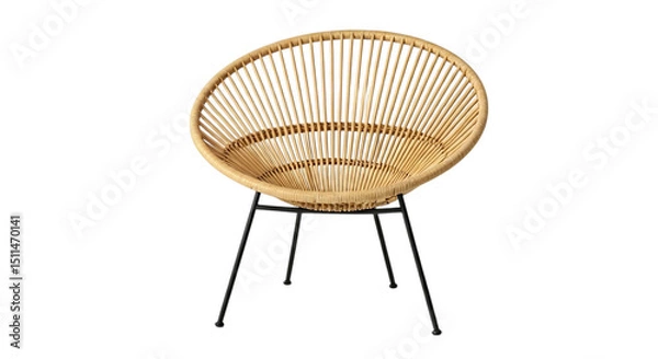 Fototapeta Close up view of a light brown wicker chair with black metal legs on a black background studio shot