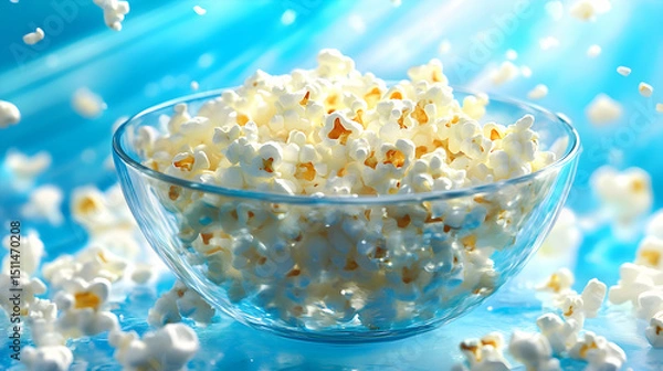 Obraz Fresh popcorn in a bowl on a bright blue background