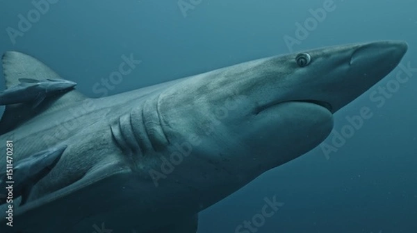 Fototapeta Amazing closeup black tip reef sharks with sharp teeth swimming underwater on coral reef ocean of Tonga. Shark diving tourism. Divers feed school of sharks Carcharhinus leucas marine of Pacific Ocean.