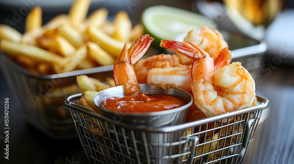 Obraz Fresh shrimp and crispy fries served in metal baskets with dipping sauce