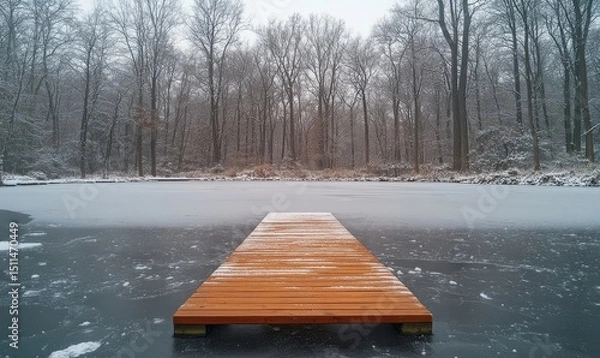 Fototapeta tranquil frozen lake with a single wooden dock surrounded by snow-covered trees, Generative AI