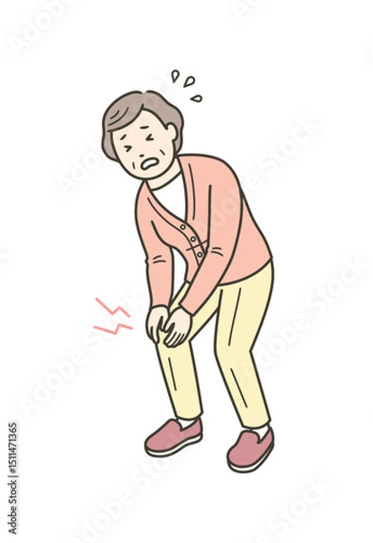 Obraz 膝の痛みで膝に手を当てる高齢女性のイラスト

