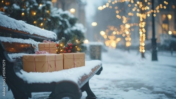 Fototapeta elegantly wrapped presents stacked on a snowy bench under softly glowing fairy lights, Generative AI
