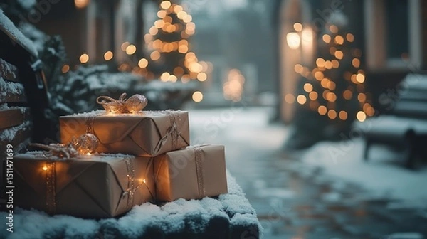 Fototapeta elegantly wrapped presents stacked on a snowy bench under softly glowing fairy lights, Generative AI