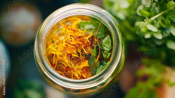Obraz Glass jar filled with vibrant saffron threads accompanied by fresh green herbs