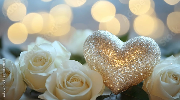 Obraz Glittery heart ornament resting among white roses with a glowing bokeh backdrop