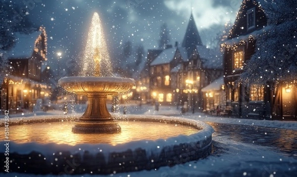 Fototapeta peaceful snowy village square with a glowing fountain and softly falling snow, Generative AI