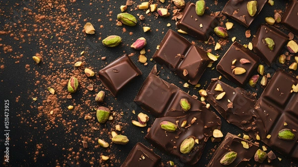 Obraz Gourmet chocolate pistachio bonbons with scattered nuts in an artistic food composition