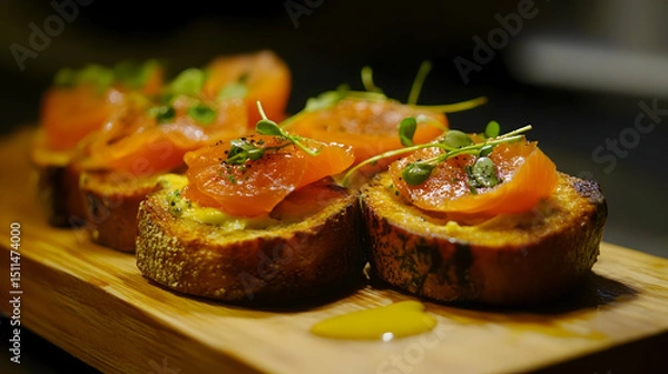 Obraz Gourmet smoked salmon appetizers on toasted bread