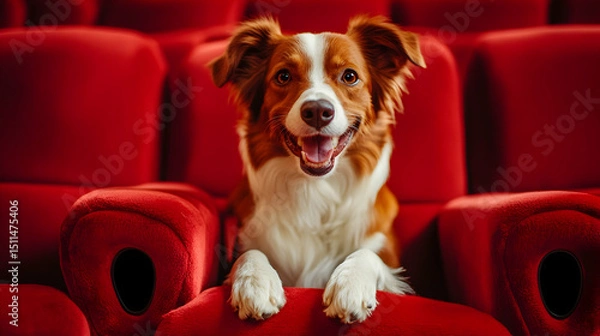 Obraz Happy dog comfortably sitting in a plush red theater seat, enjoying a peaceful moment