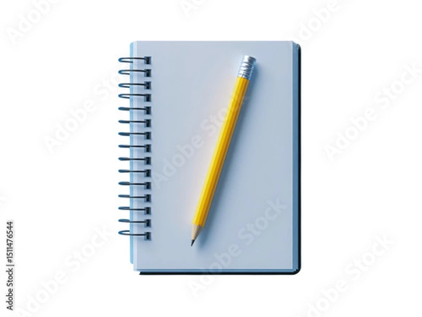 Fototapeta A pencil and a spiral notebook are placed on a white background