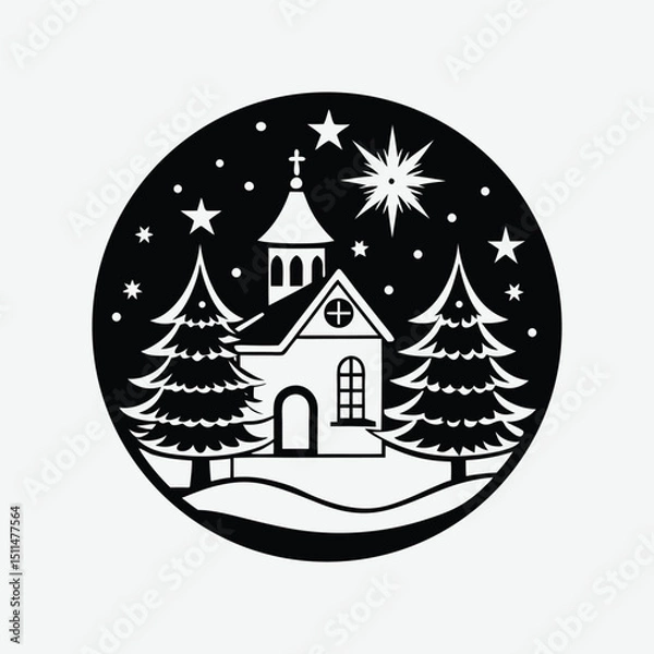 Fototapeta Festive Christmas Scene of a Church and Trees in Winter.