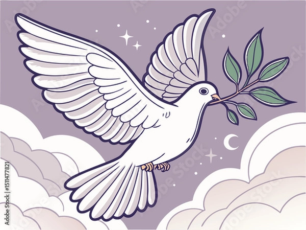 Fototapeta Graceful white dove in flight carrying an olive branch, symbolizing peace.