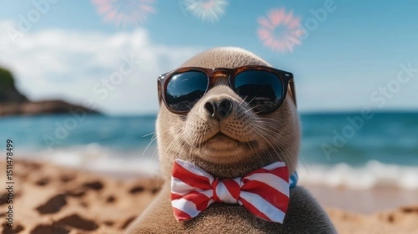Obraz Playful Seal Wearing Sunglasses and Bow Tie at the Beach with Fireworks in the Background
