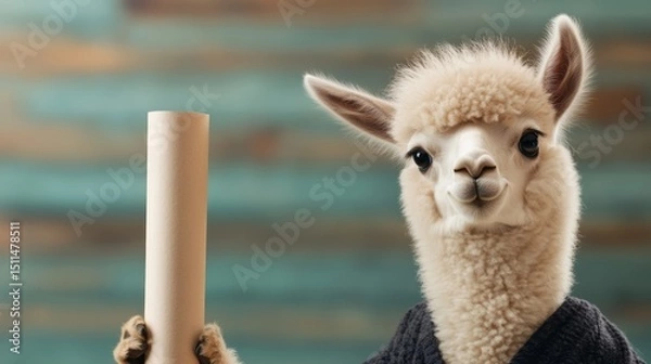 Fototapeta Cute Alpaca Holding a Scroll with a Fun Expression Against a Colorful Background